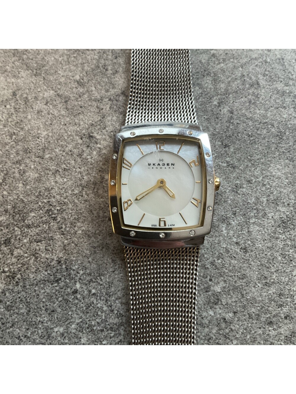 Skagen Womens Tank Style Watch 24mm Silver Tone Case MOP Dial Diamond Accents A9